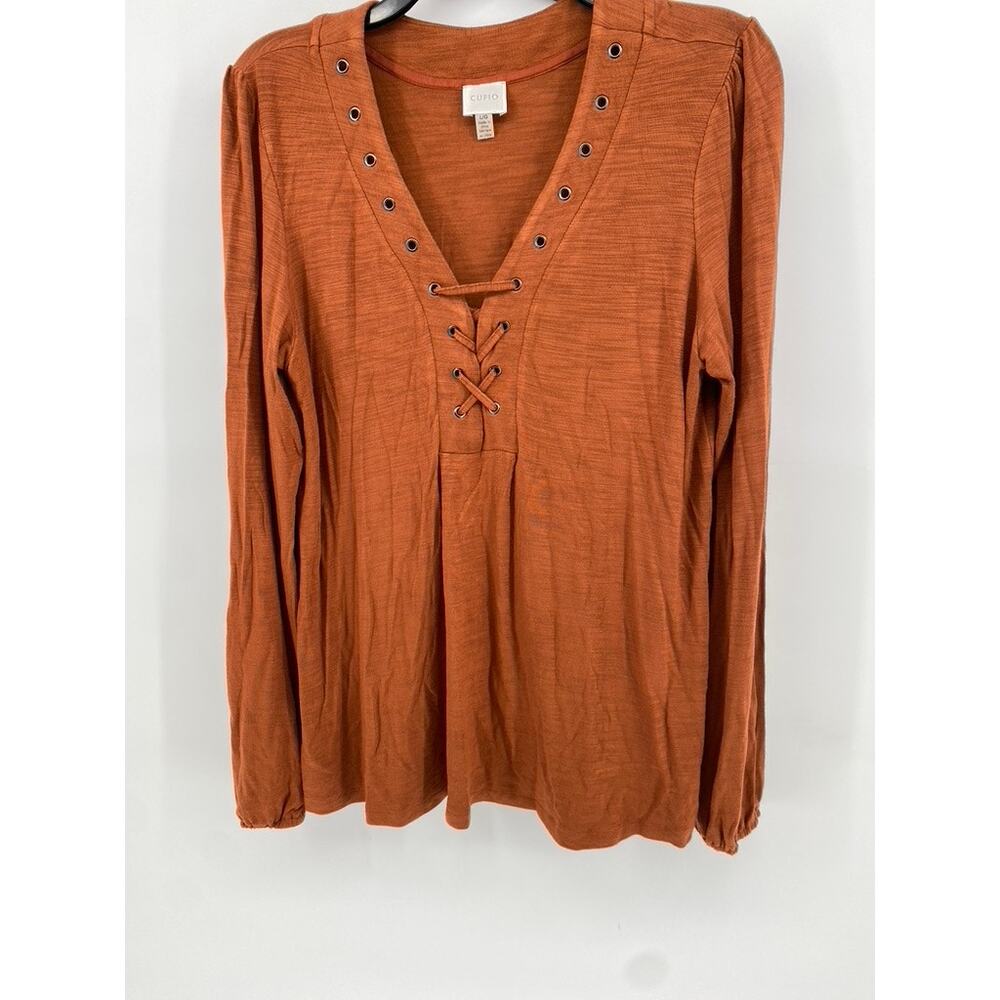 CUPIO Women's Rust Lace-Up V-Neck Long Sleeve Top SZX L
